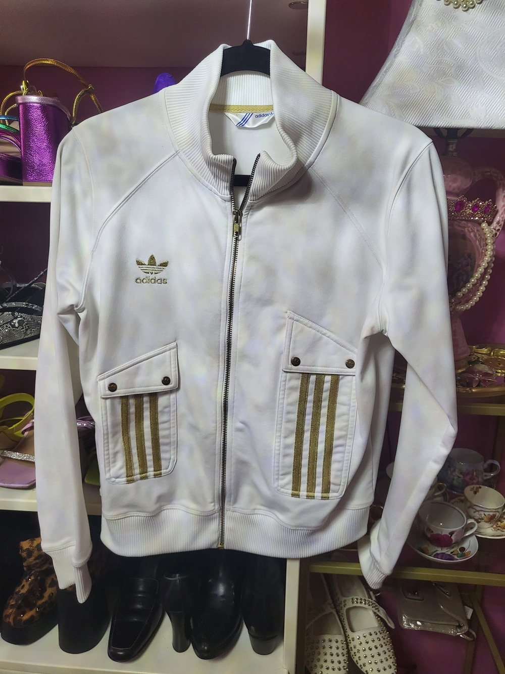 adidas White Bomber Jacket with Gold Stripes